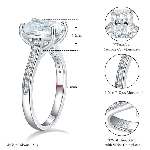 3ct Cushion Cut 925 Sterling Silver Diamond Rings
