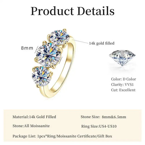 14K Gold Filled Three Stone Wedding Ring Sparkling Jewelry Gift Round cut