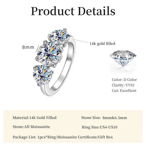 14K Gold Filled Three Stone Wedding Ring Sparkling Jewelry Gift Round cut