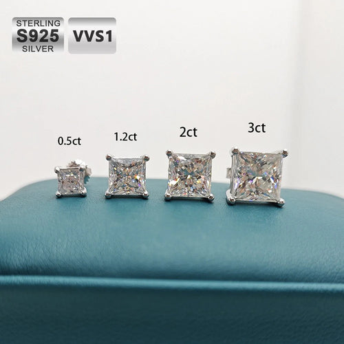 Princess Cut Moissanite VVS D Stud Earrings 925 Sterling Silver