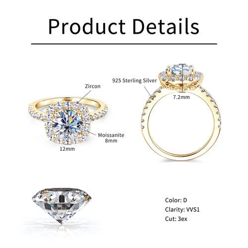 2CT D Color Moissanite Ring s925 Sterling Silver Brilliant Diamond Emerald